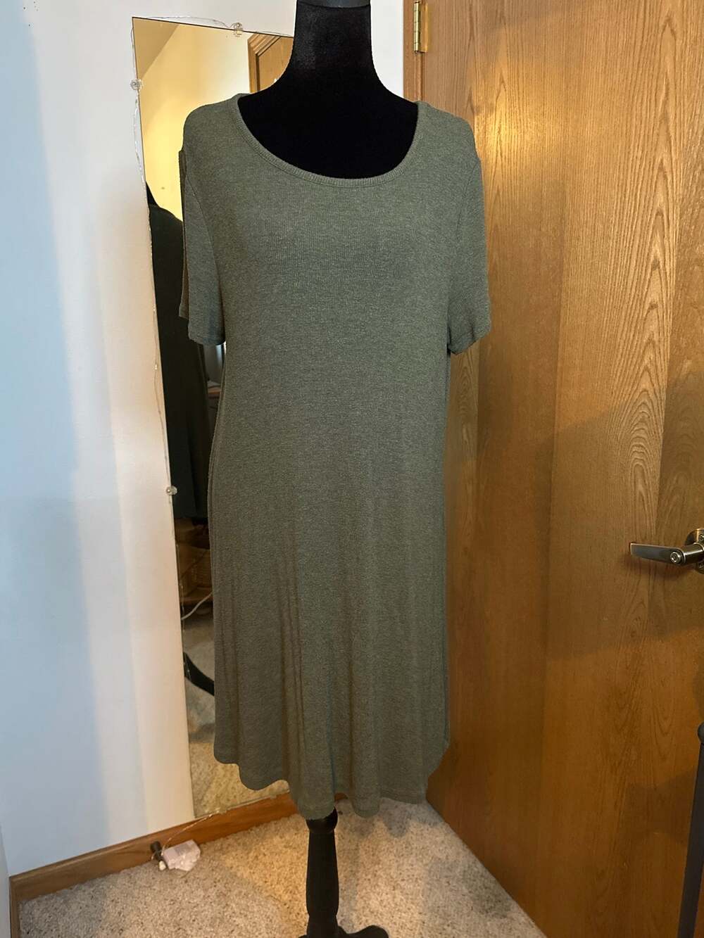 Madewell Olive Green Fine Ribbed Knit Short Sleeve T-Shirt Swing Dress Large L